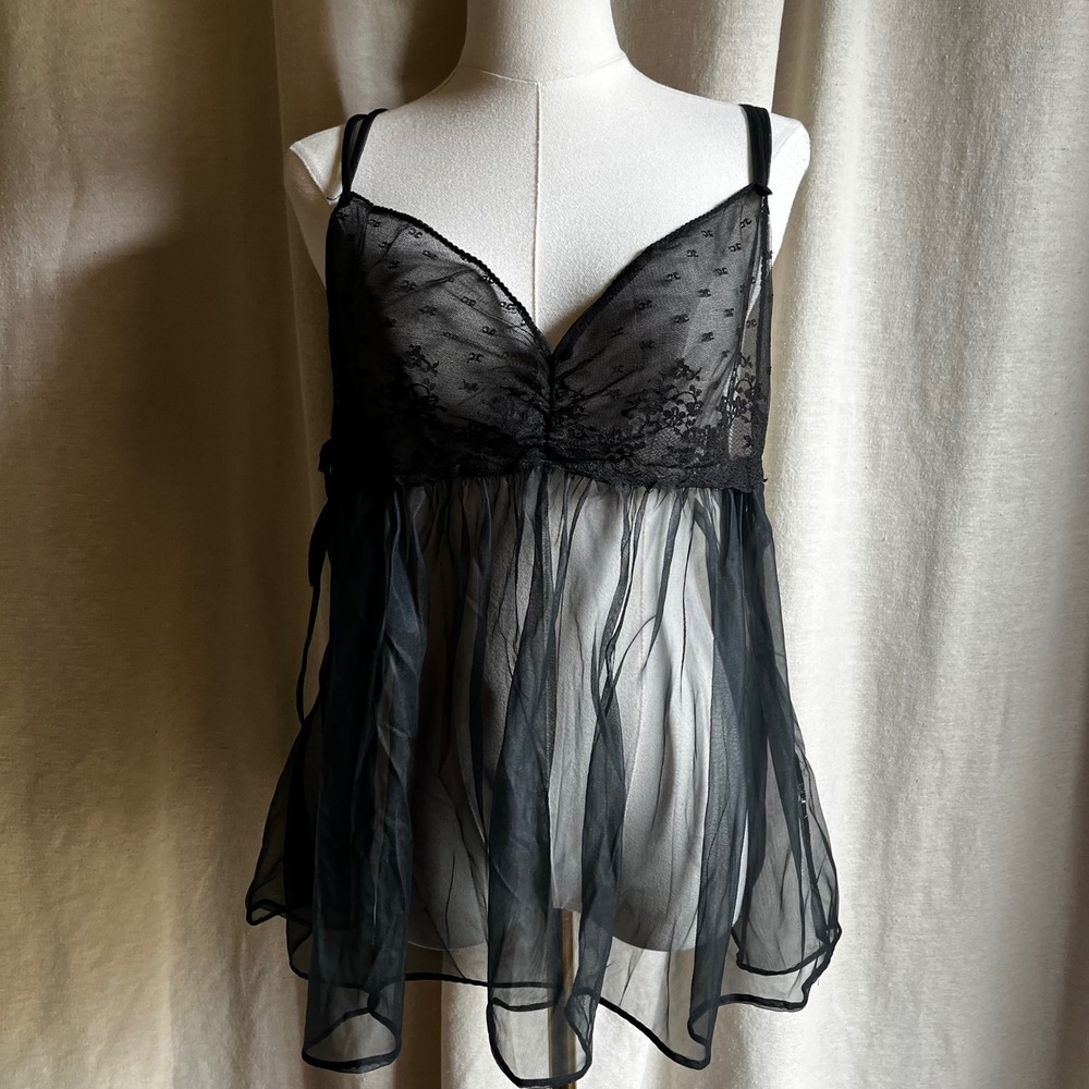 Vintage Black Sheer Lace Babydoll Top S/M